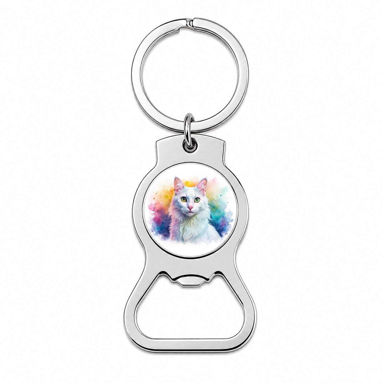 Turkish Angora Cat Watercolor Style Bottle Opener Keychain