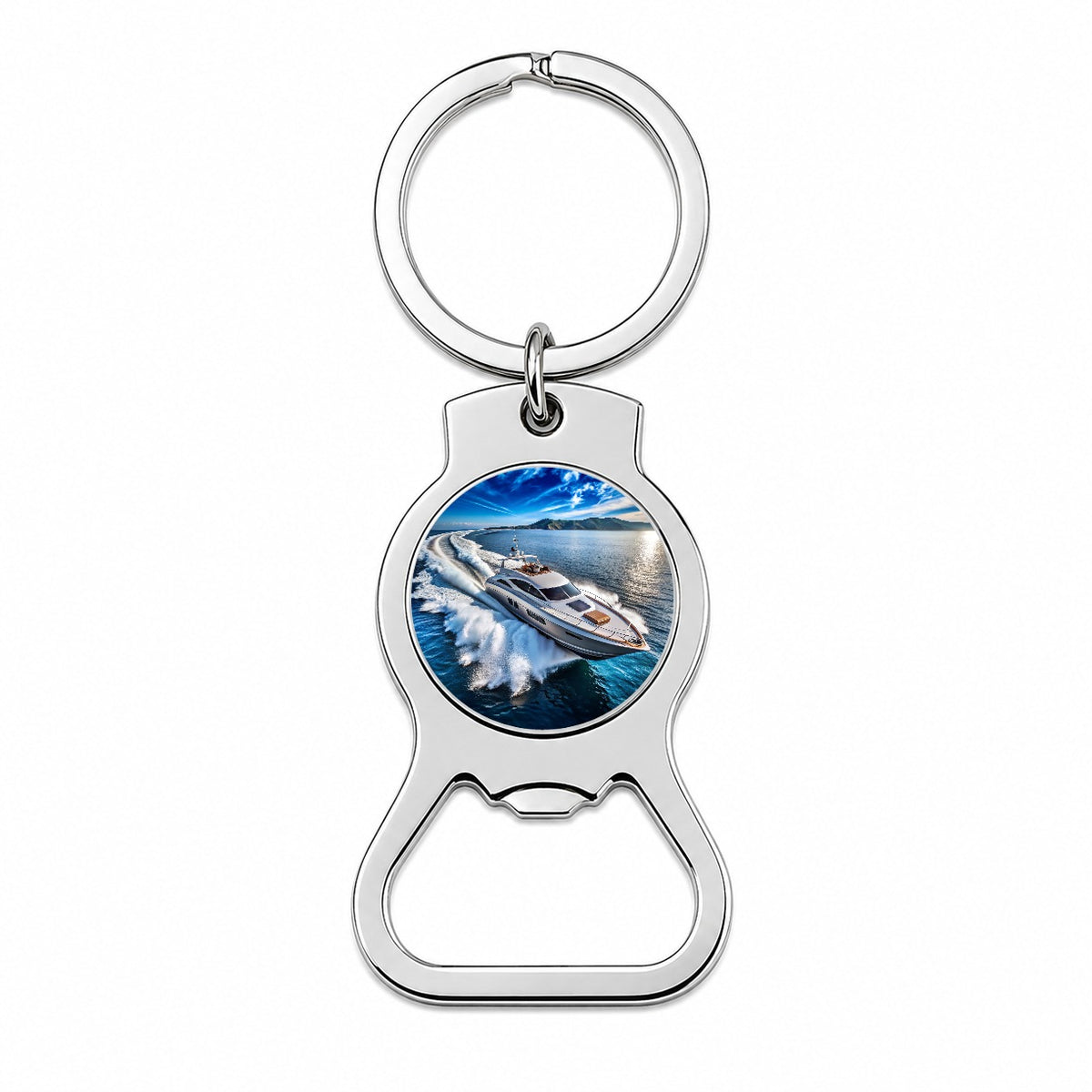 High-Performance Boat At Sea Bottle Opener Keychain