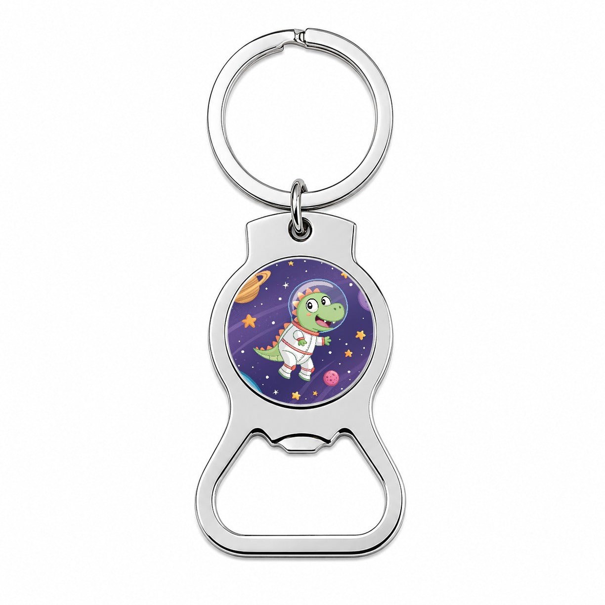 Astronaut Dinosaur Floating Outer Space Planets Bottle Opener Keychain
