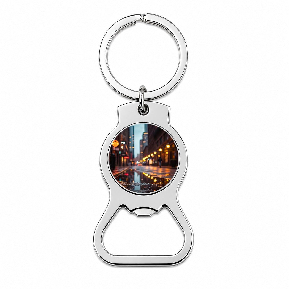 Blurred Lights Buildings City Rainy Street Bottle Opener Keychain