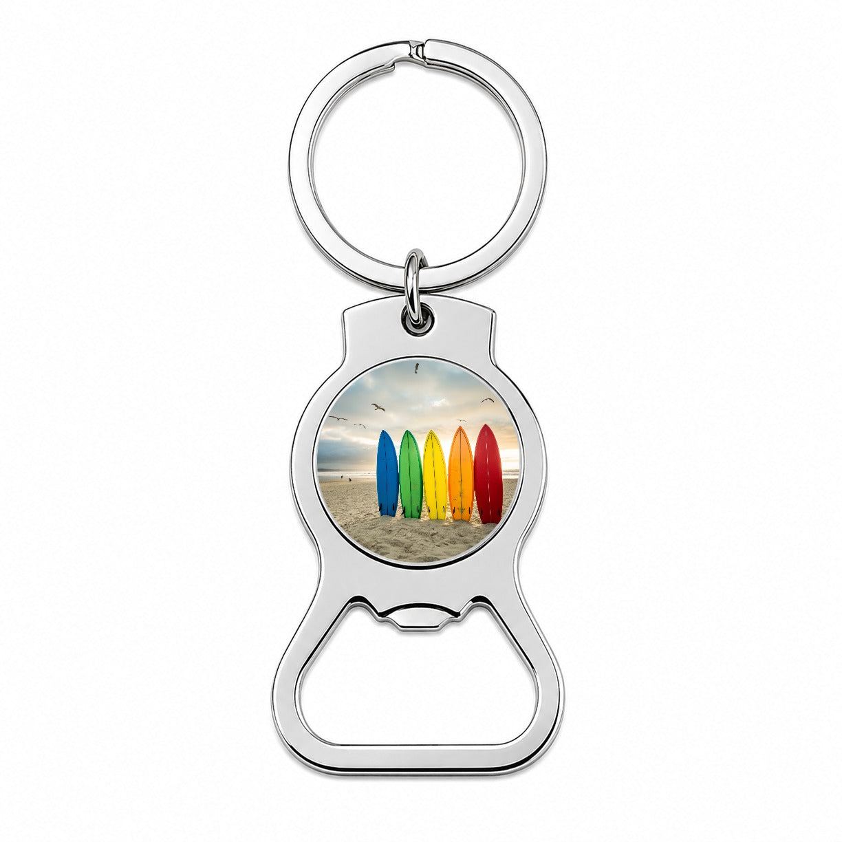 Brightly Colored Surfboards In The Sand Beach Ocean Bottle Opener Keychain
