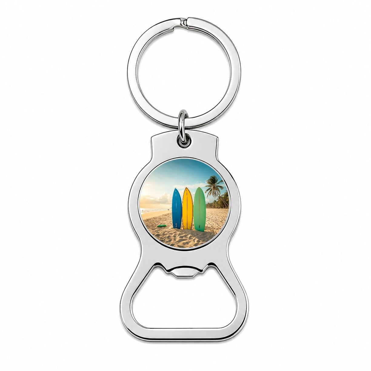 Brightly Colored Surfboards Sand Beach Ocean Bottle Opener Keychain
