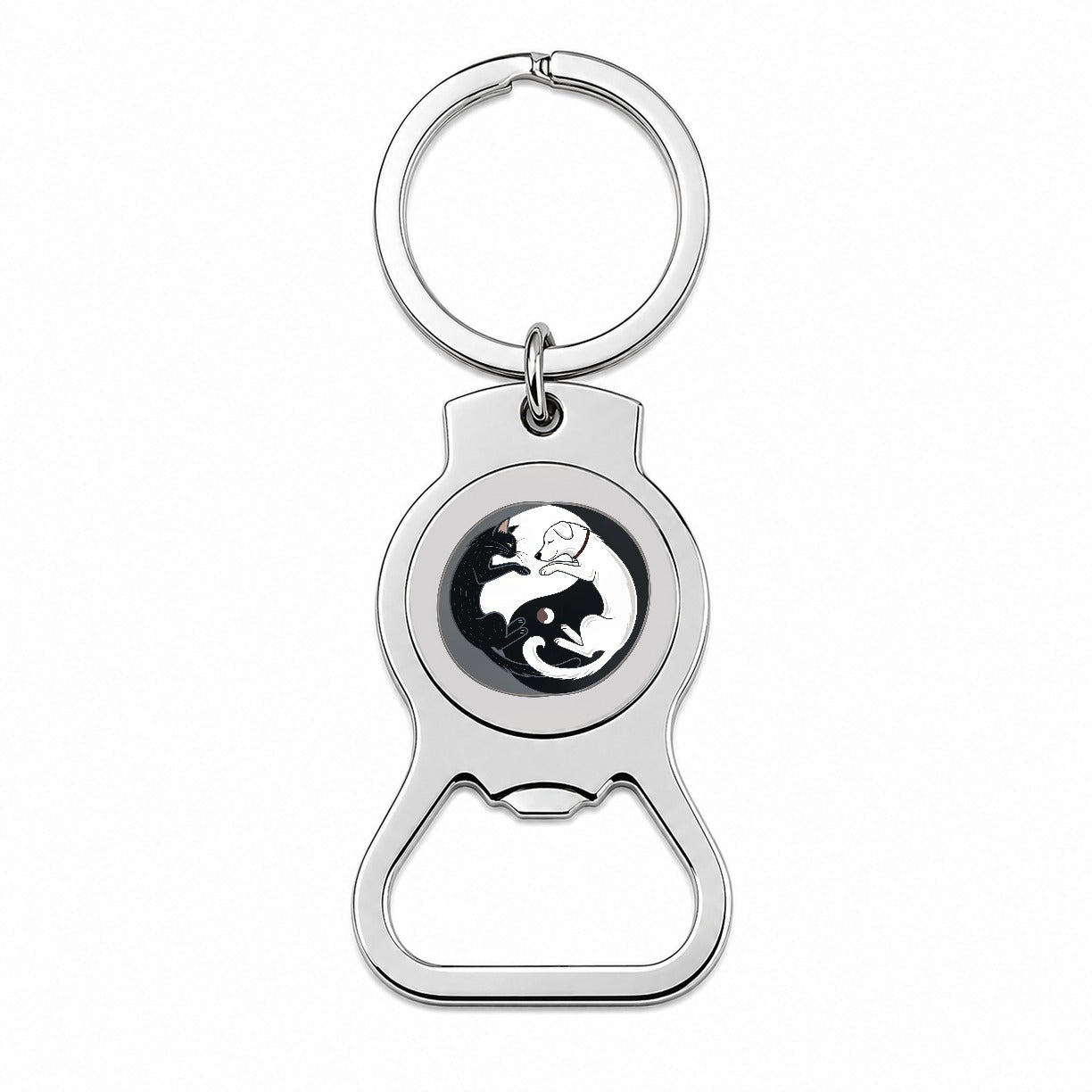 Cat Dog Black White Swirling Yin Yang Bottle Opener Keychain