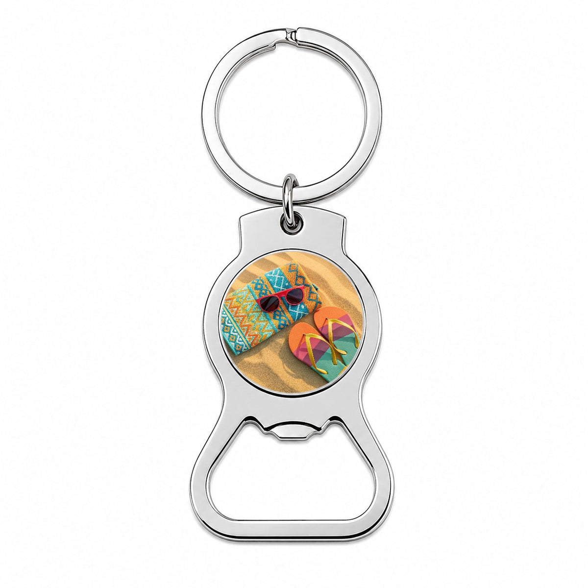 Colorful Sunglasses Flip Flops Towel On Sandy Beach Bottle Opener Keychain