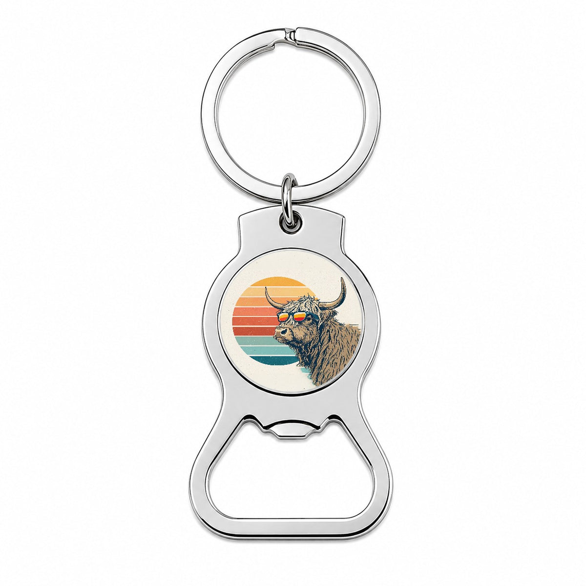 Cool Highland Cow Wearing Sunglasses Retro Illustration Bottle Opener Keychain