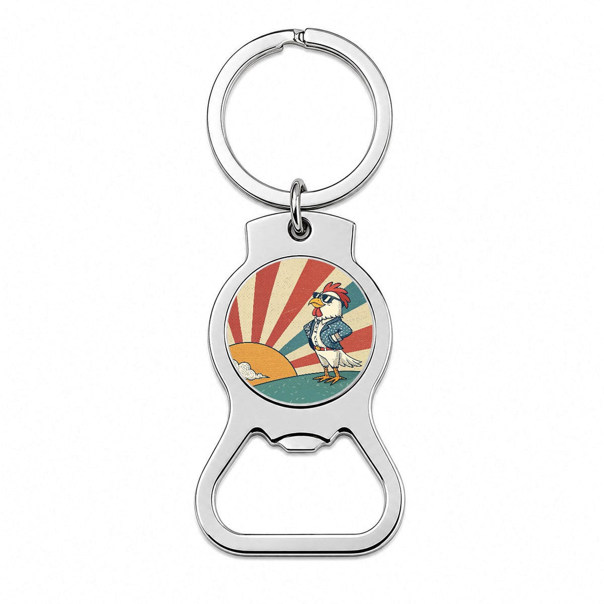 Cool Rooster Chicken Wearing Sunglasses Retro Illustration Bottle Opener Keychain