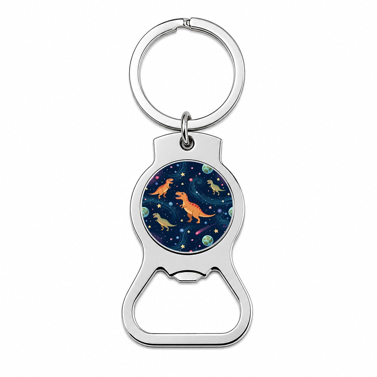 Dinosaurs Floating In Space Galaxy Planets Bottle Opener Keychain