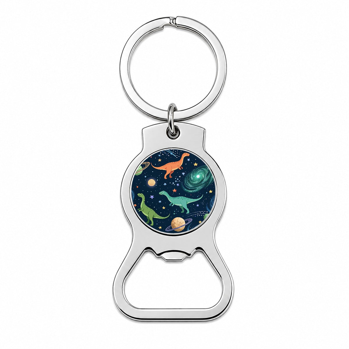 Dinosaurs Floating In Space Galaxy Bottle Opener Keychain