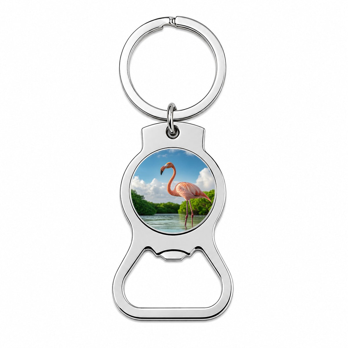 Flamingo Bird Standing In Water Bottle Opener Keychain