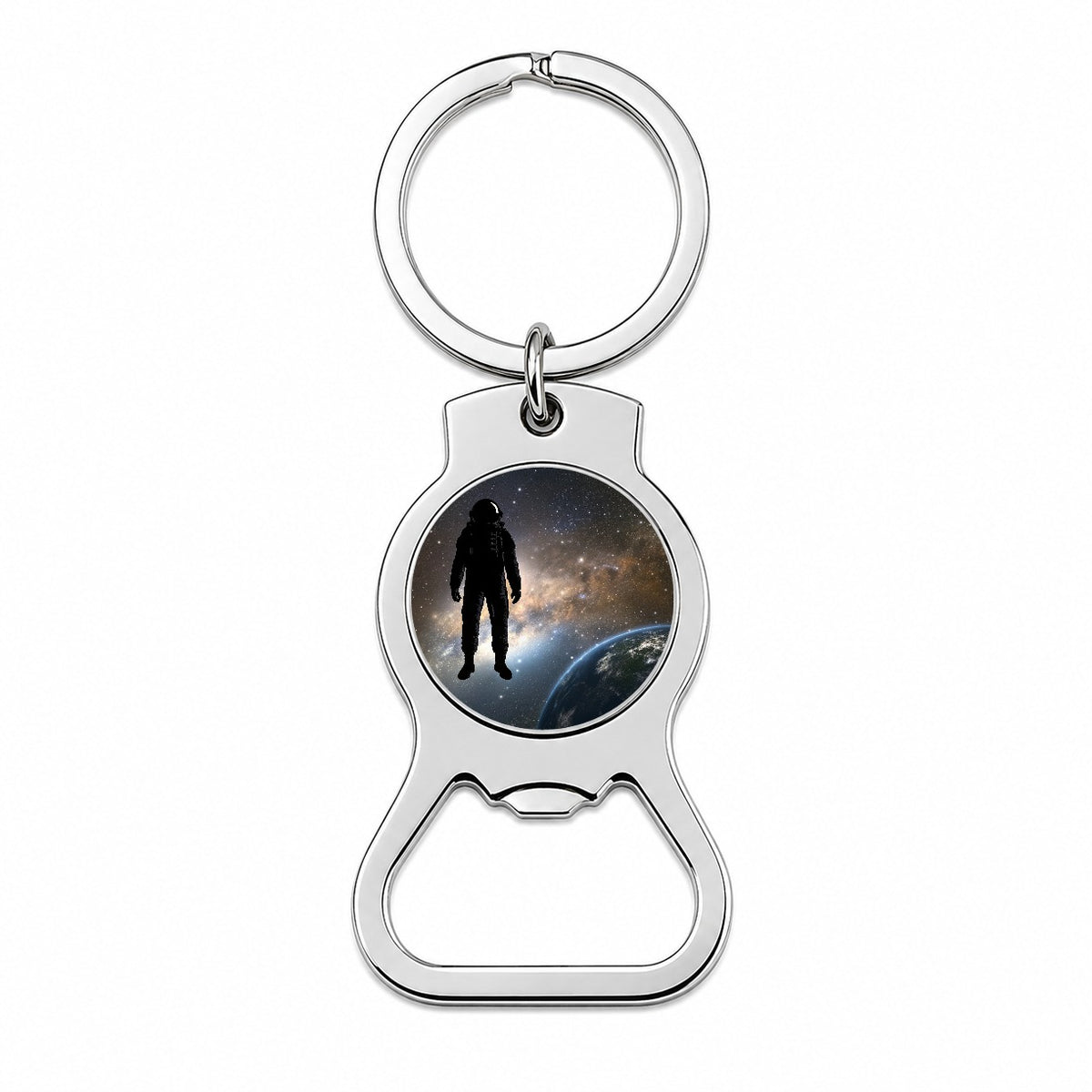 Floating Astronaut Silhouette Earth Space Bottle Opener Keychain
