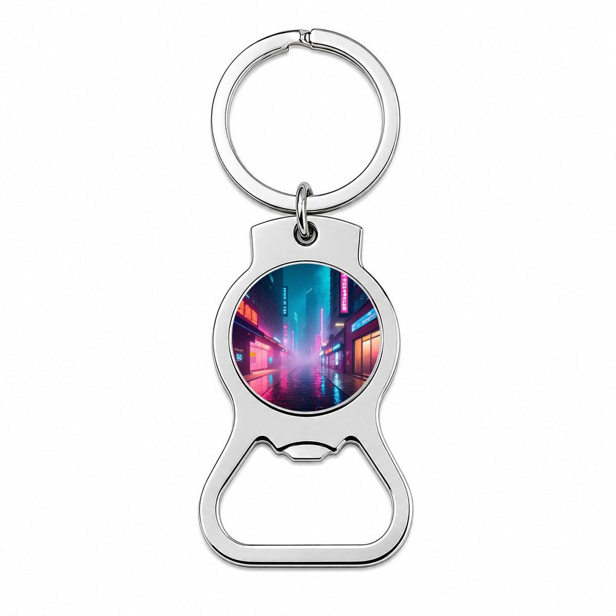 Futuristic City Alley Night Glowing Signs Misty Bottle Opener Keychain