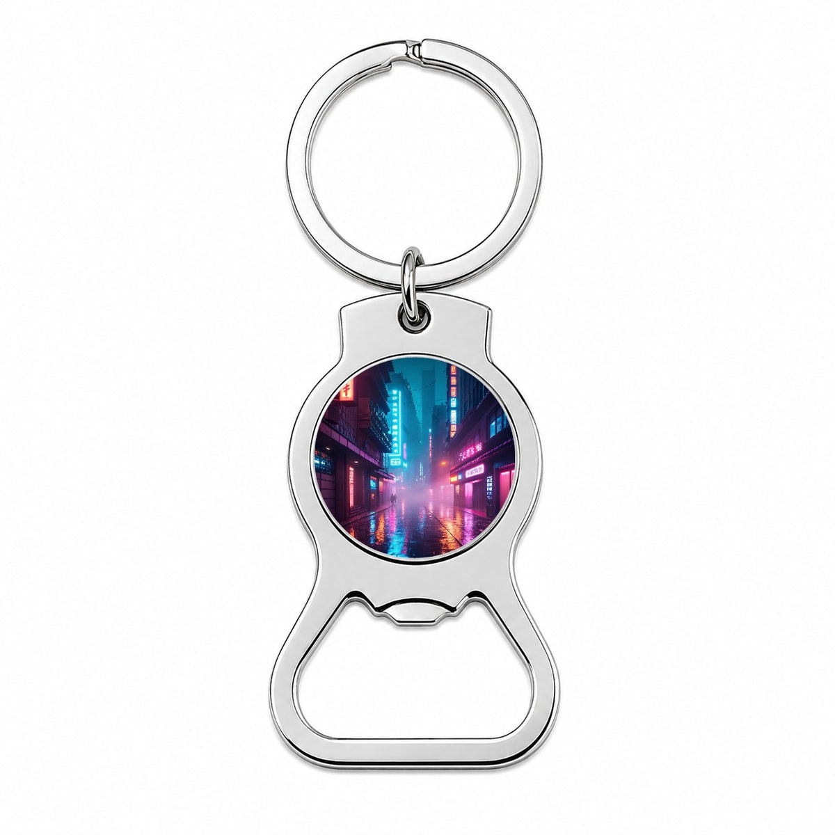Futuristic City Alley Night Glowing Signs Bottle Opener Keychain