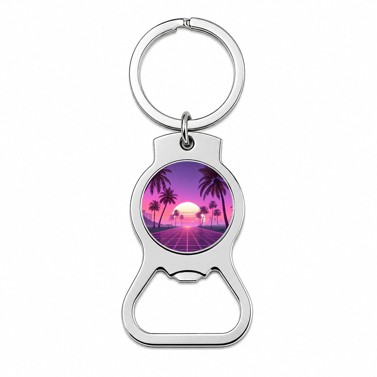 Neon Pinks Purples Palm Trees Sun Setting Bottle Opener Keychain