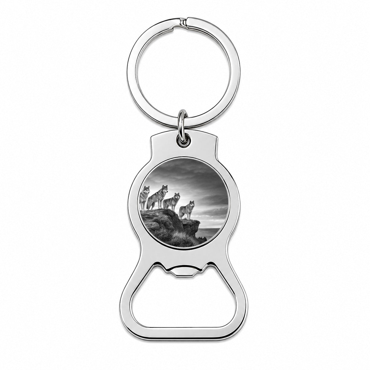 Pack Of Wolves On A Cliff Black White Bottle Opener Keychain
