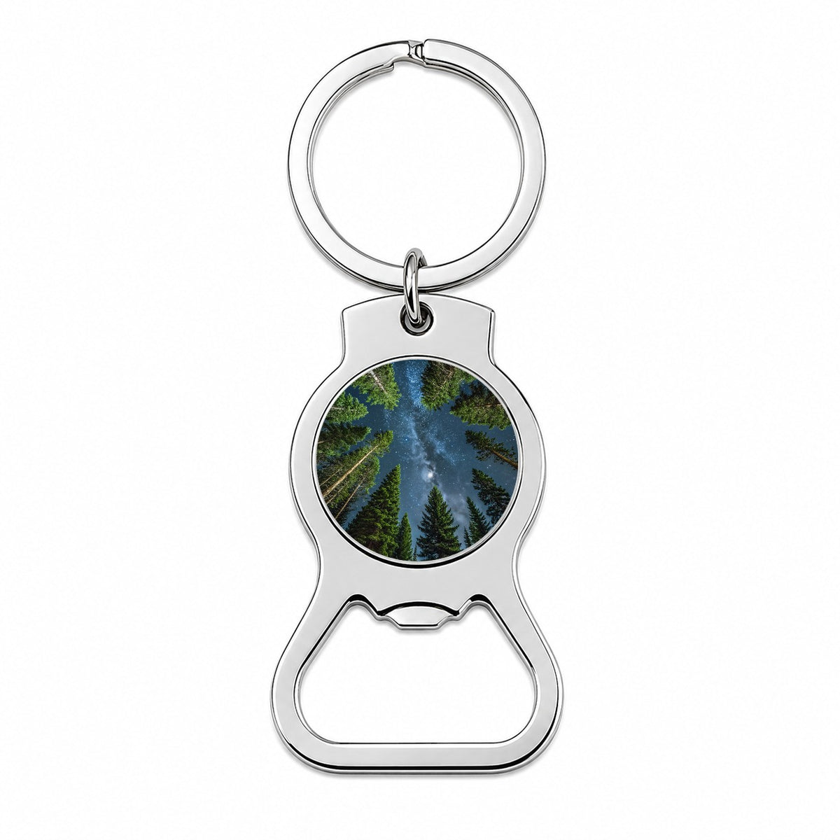 Pine Trees Looking Up Star Packed Sky Bottle Opener Keychain