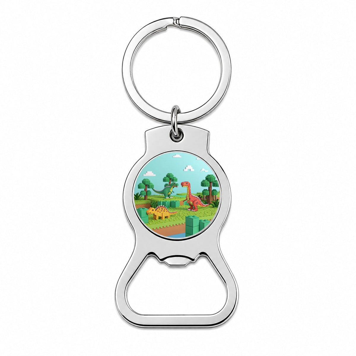 Retro 8 Bit Pixel Art Style Dinosaurs Roaming Bottle Opener Keychain