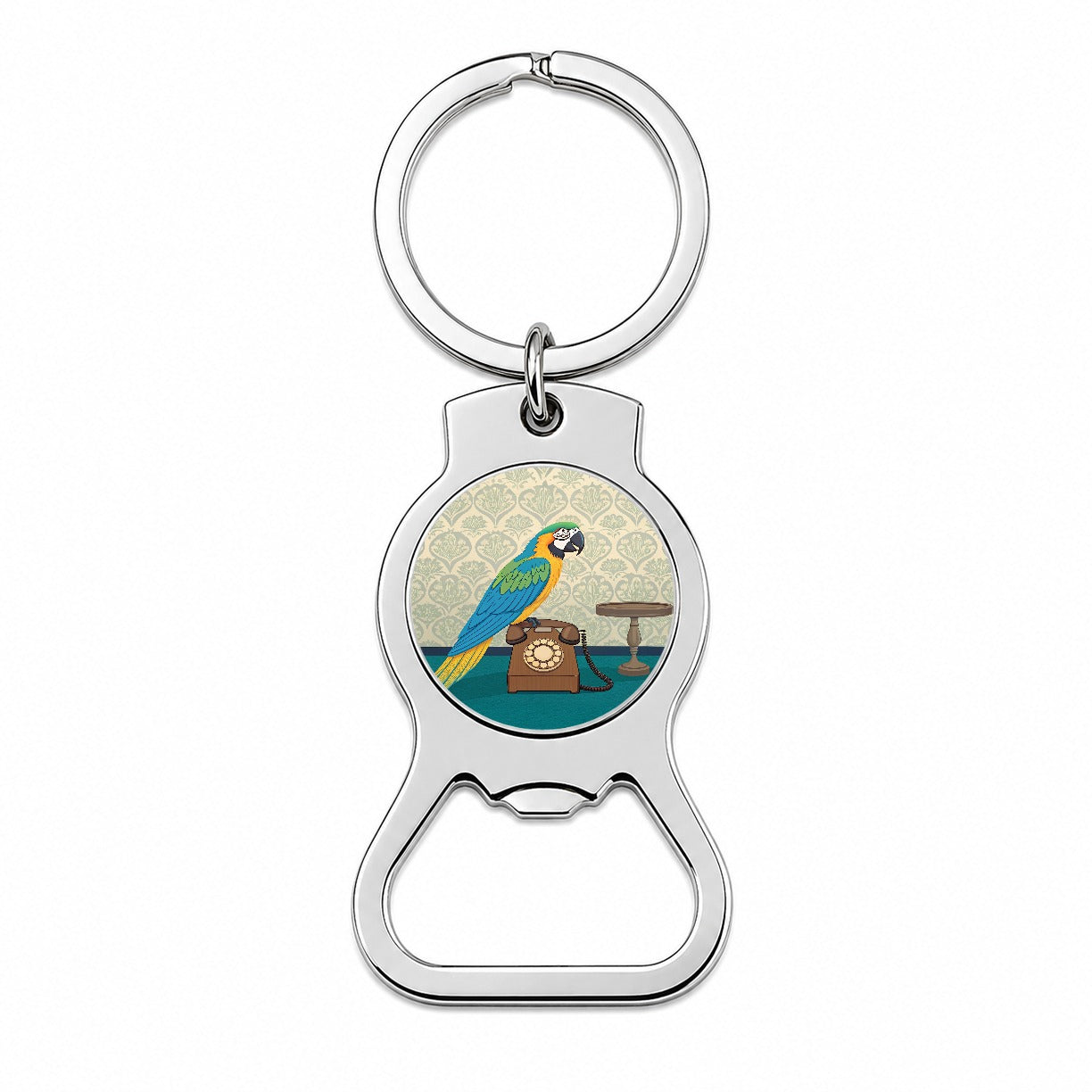 Retro Macaw Phone Bird Bottle Opener Keychain