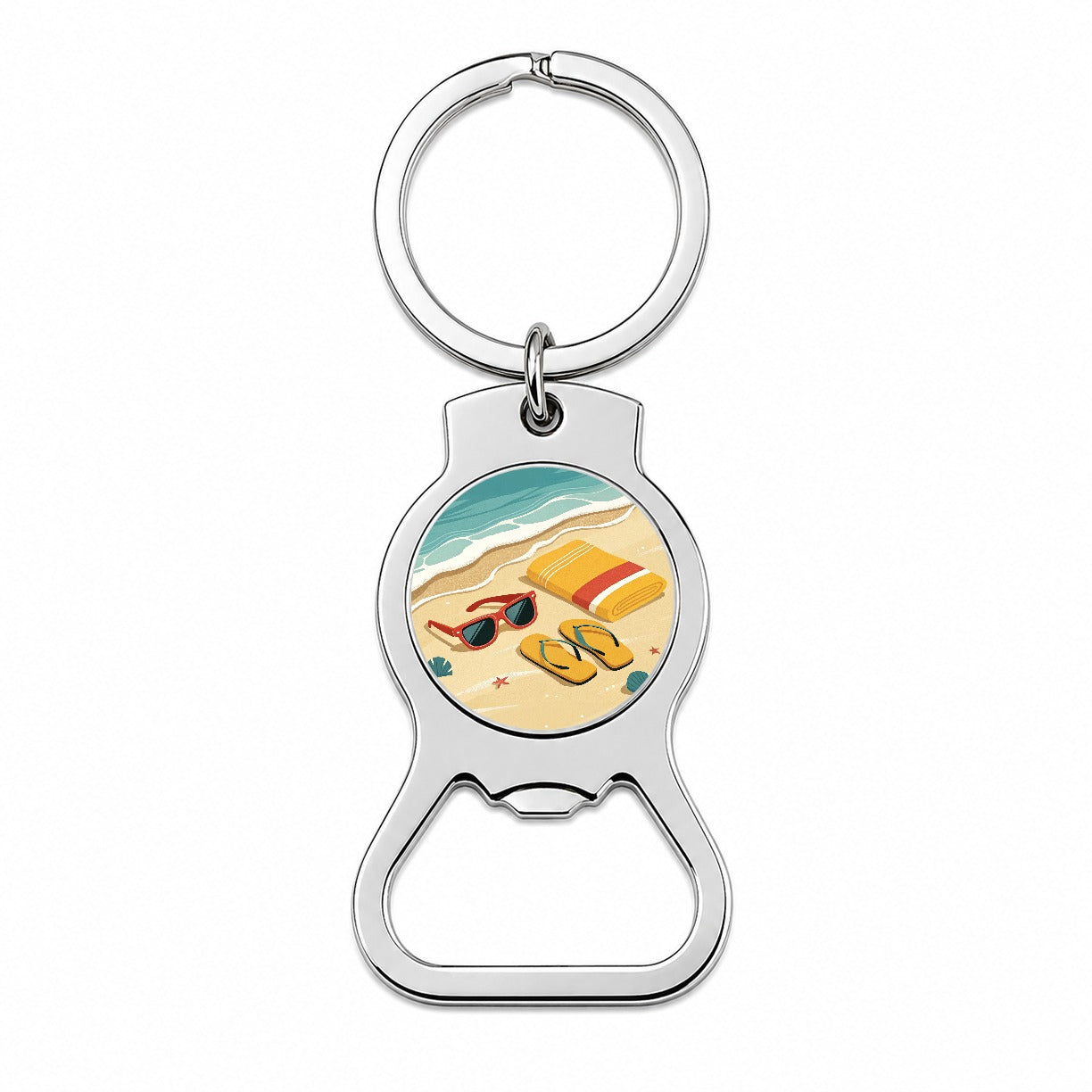 Retro Style Sunglasses Flip Flops Towel On Sandy Beach Bottle Opener Keychain