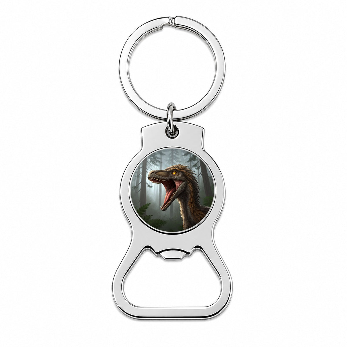 Roaring Troodon Dinosaur Forest Bottle Opener Keychain
