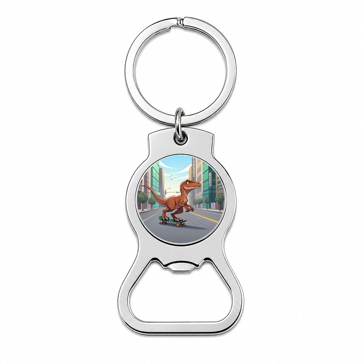 Skateboarding Raptor Dinosaur Bottle Opener Keychain