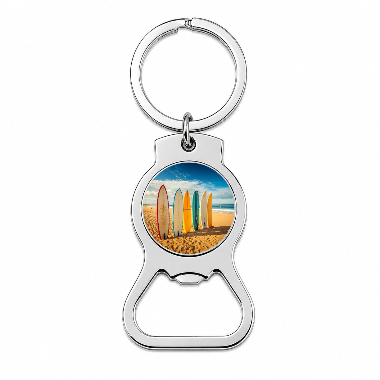 Surfboard Lineup On Beach Bottle Opener Keychain