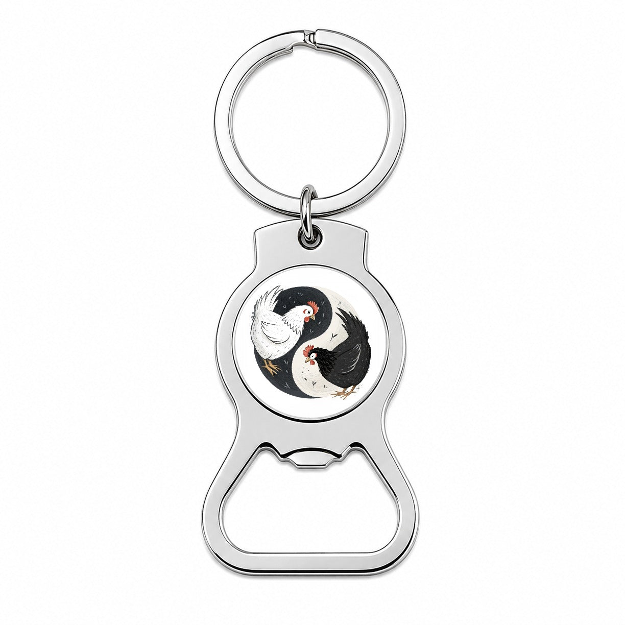 Two Chickens Yin Yang White Black Bottle Opener Keychain