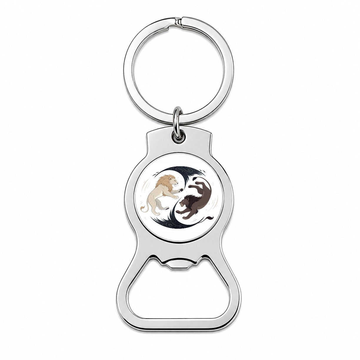 Two Lions Yin Yang Dark Light Bottle Opener Keychain