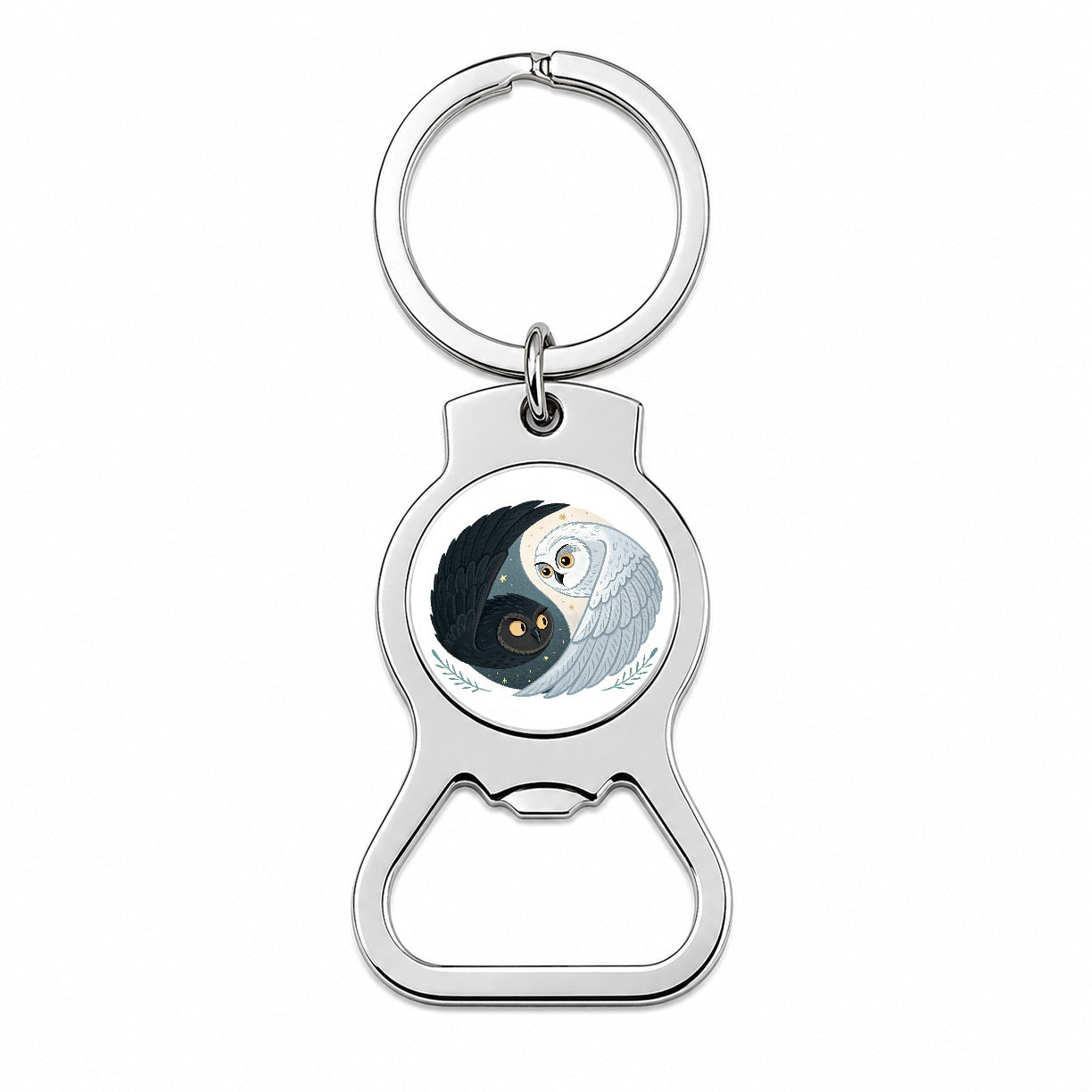 Two Owls Yin Yang Black White Bottle Opener Keychain