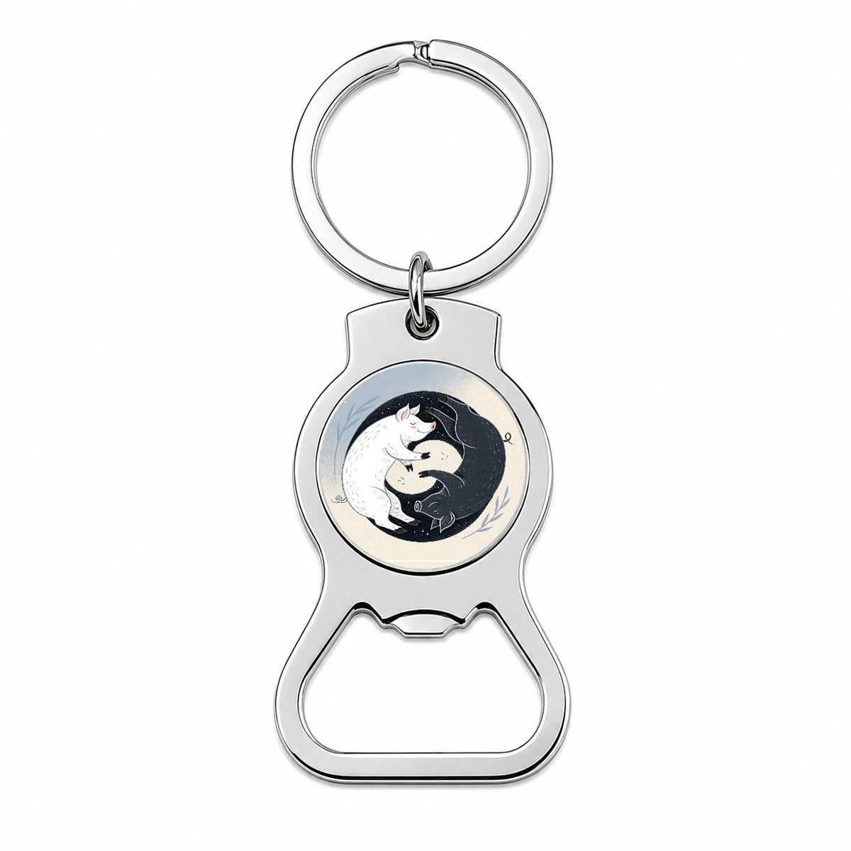 Two Pigs Yin Yang Black White Bottle Opener Keychain