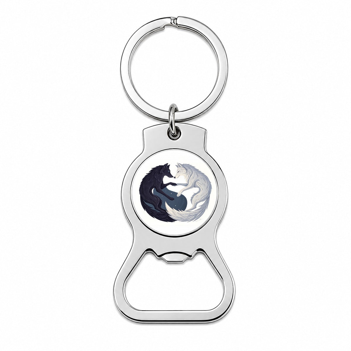Two Wolves Yin Yang Black White Bottle Opener Keychain