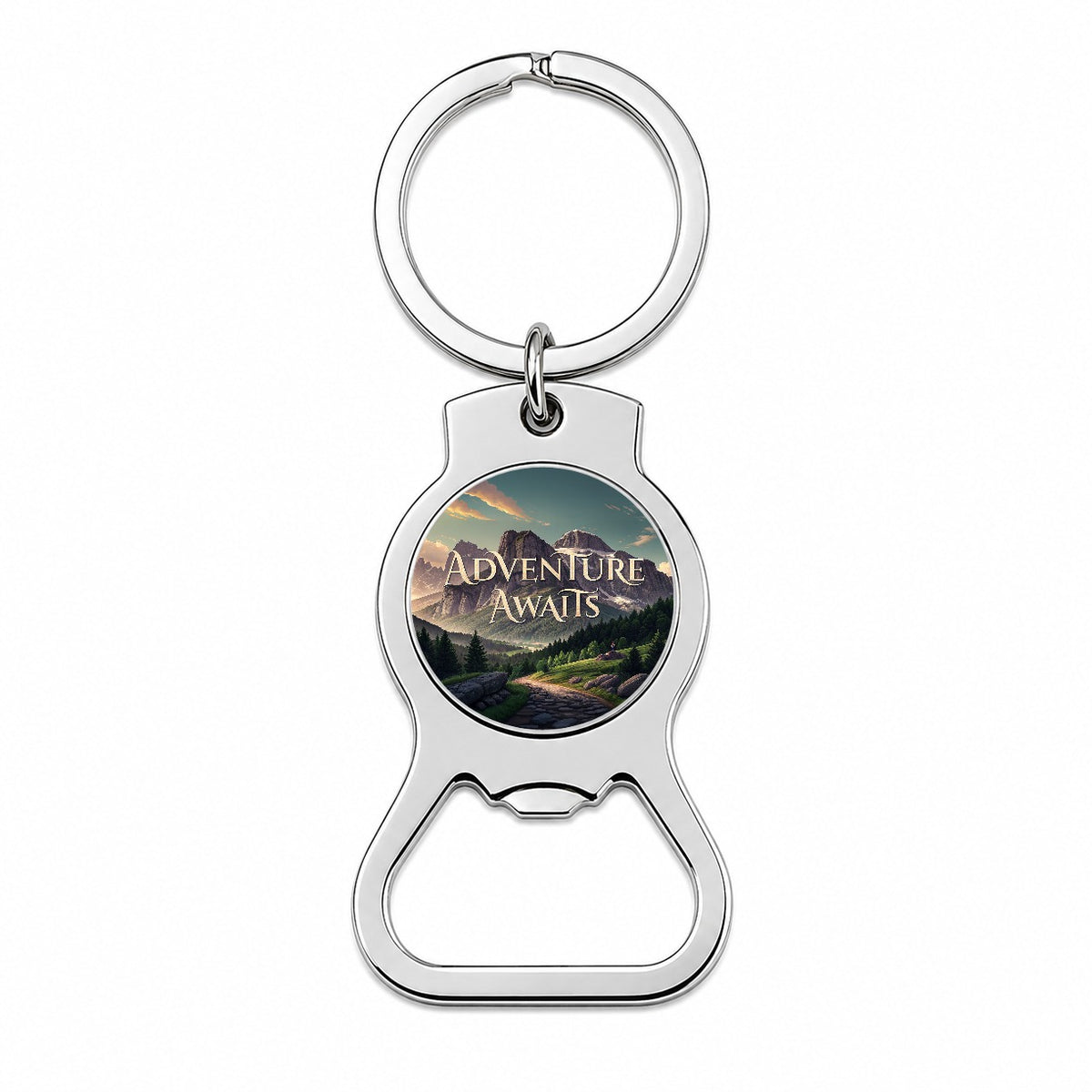 Adventure Awaits Mountains Hiking Camping Bottle Opener Keychain