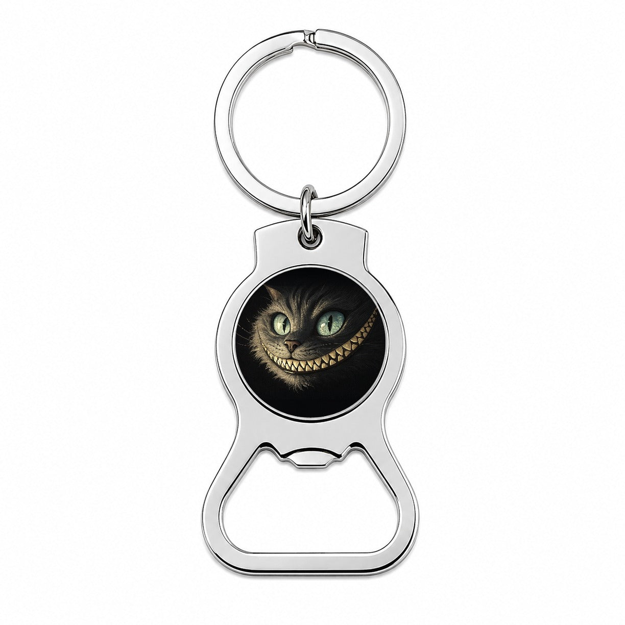 Funny Cheshire Cat Grin on Black Bottle Opener Keychain