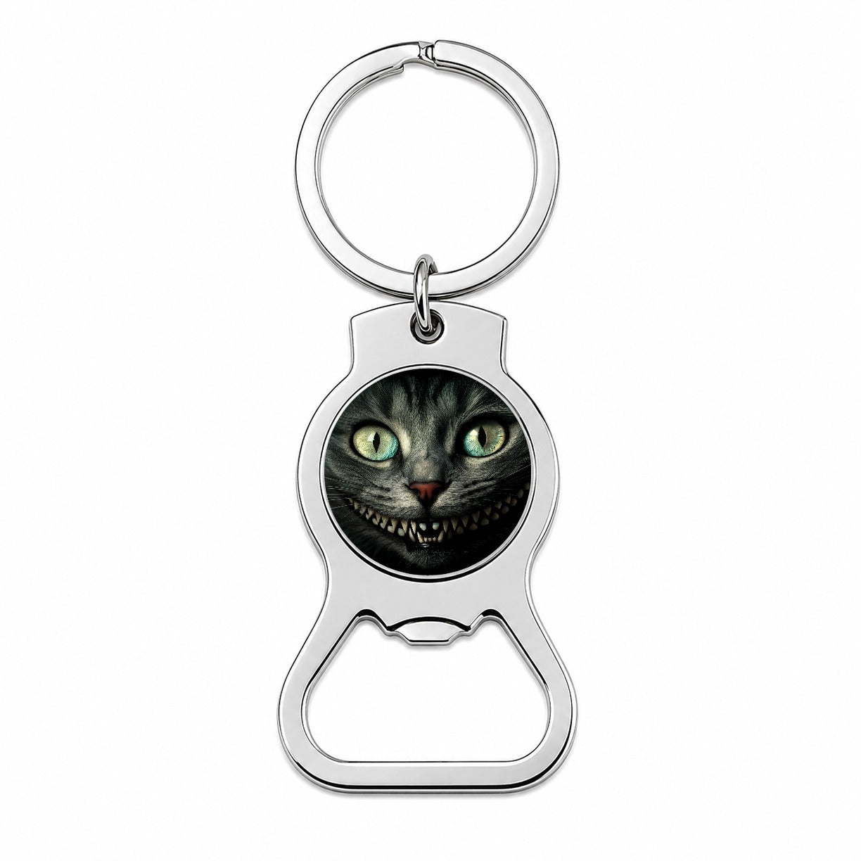Mischievous Cheshire Cat Grin on Black Bottle Opener Keychain