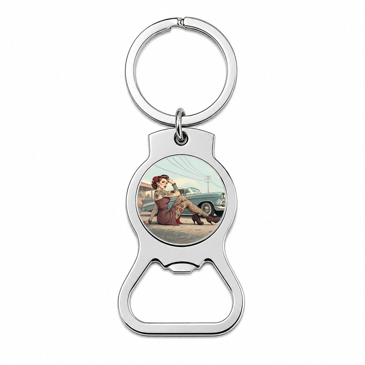Rockabilly Retro 50's Pin-Up Girl With Tattoos Bottle Opener Keychain