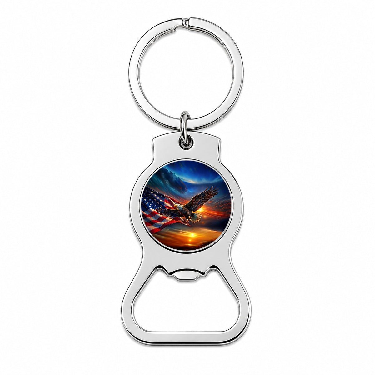 Awesome Patriotic American Flag and Flying Bald Eagle Bottle Opener Keychain