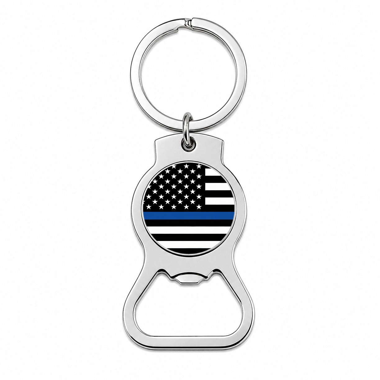 Black and White Thin Blue Line Police American Flag Bottle Opener Keychain