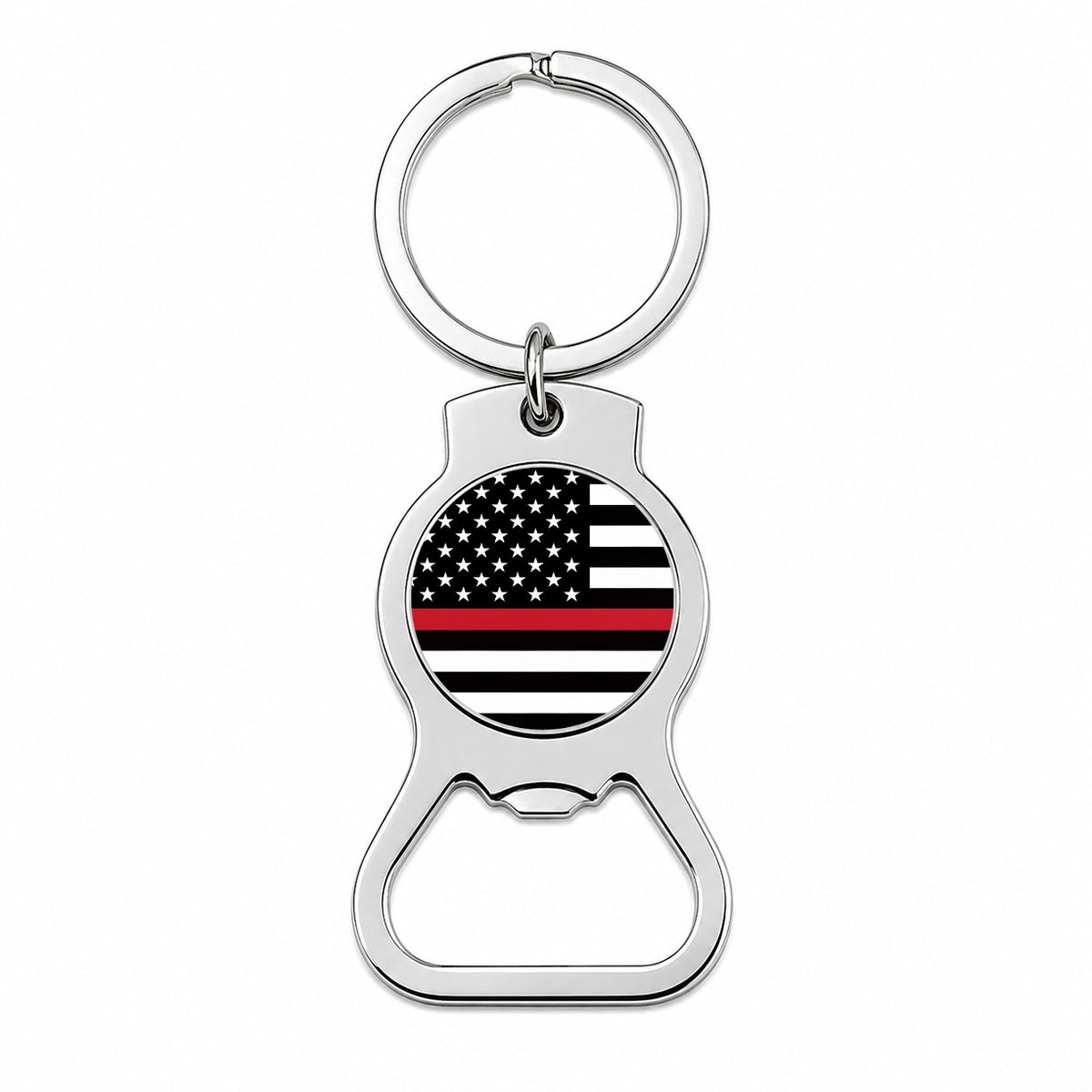Black and White Thin Red Line Firefighter American Flag Bottle Opener Keychain