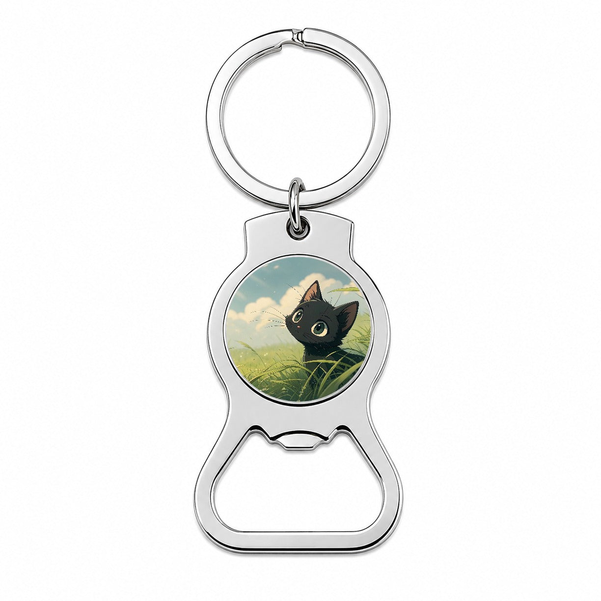 Black Kitten Cat in Field of Grass Anime Style Bottle Opener Keychain