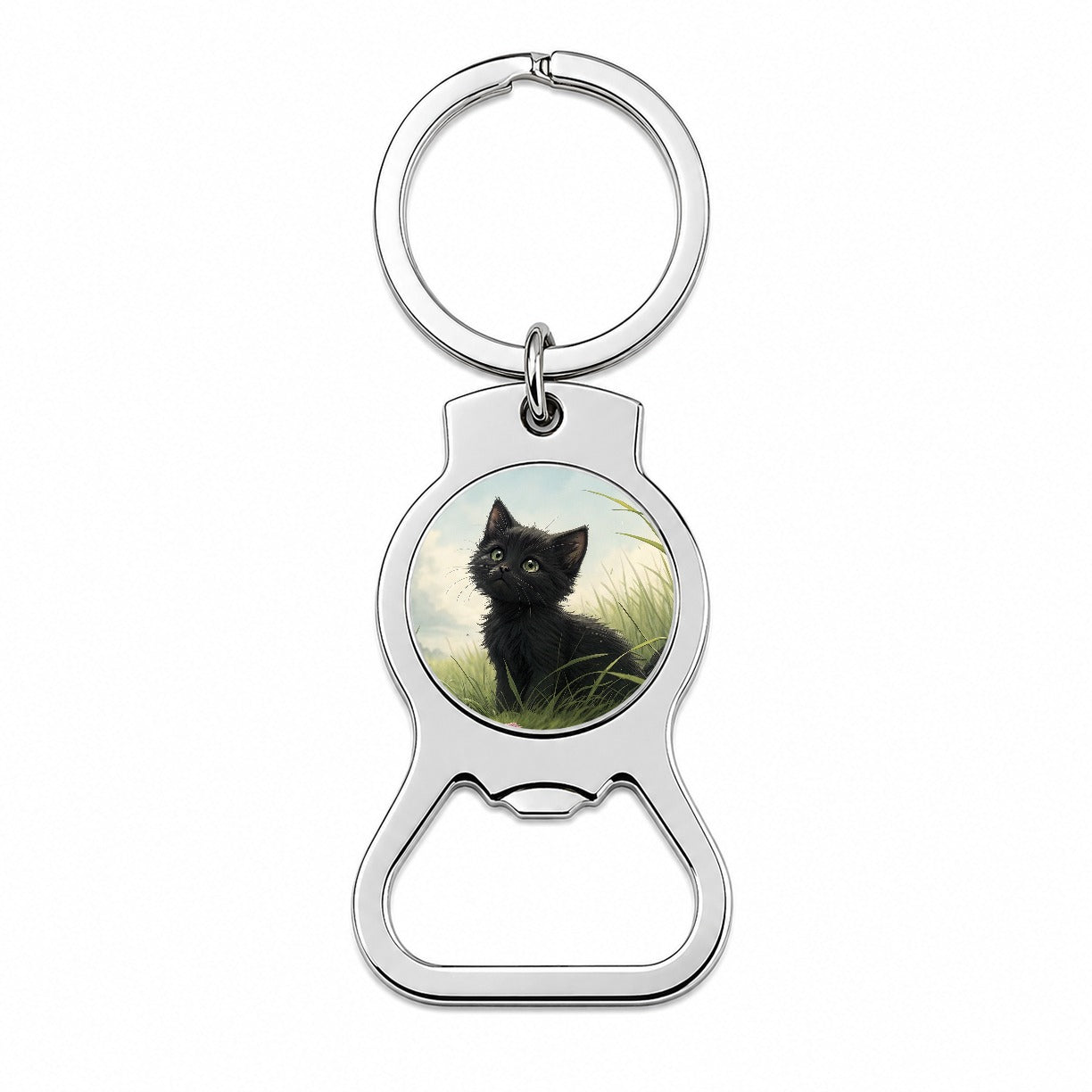 Black Kitten Cat in Field Bottle Opener Keychain
