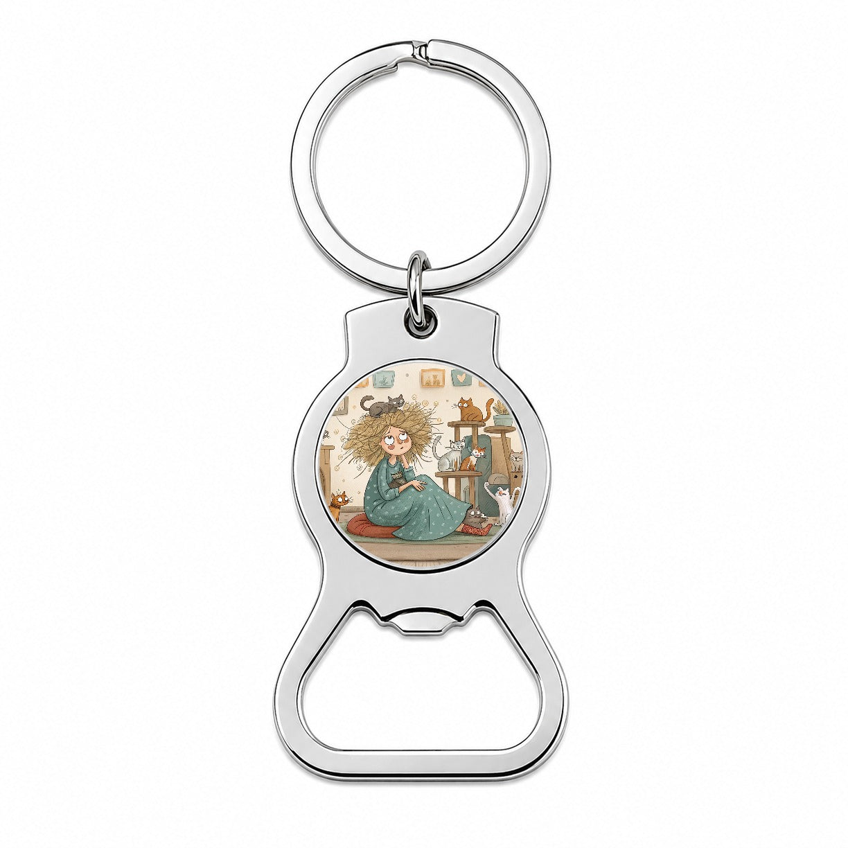 Cartoon of Crazy Cat Lady Home Bottle Opener Keychain