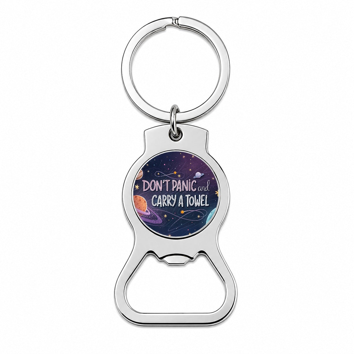 Don't Panic And Carry A Towel Funny Sci-Fi Bottle Opener Keychain