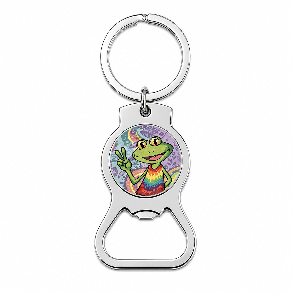 Frog Giving Peace Sign Hippie Tie Dye Bottle Opener Keychain