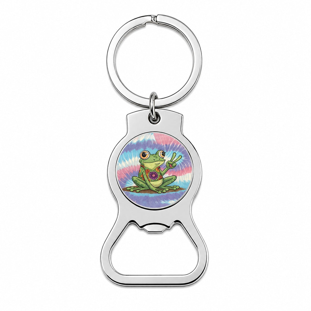 Frog Giving Peace Sign Tie-Dye Cartoon Bottle Opener Keychain