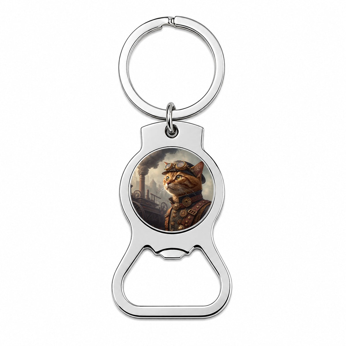 Orange Tabby Cat Steampunk Bottle Opener Keychain
