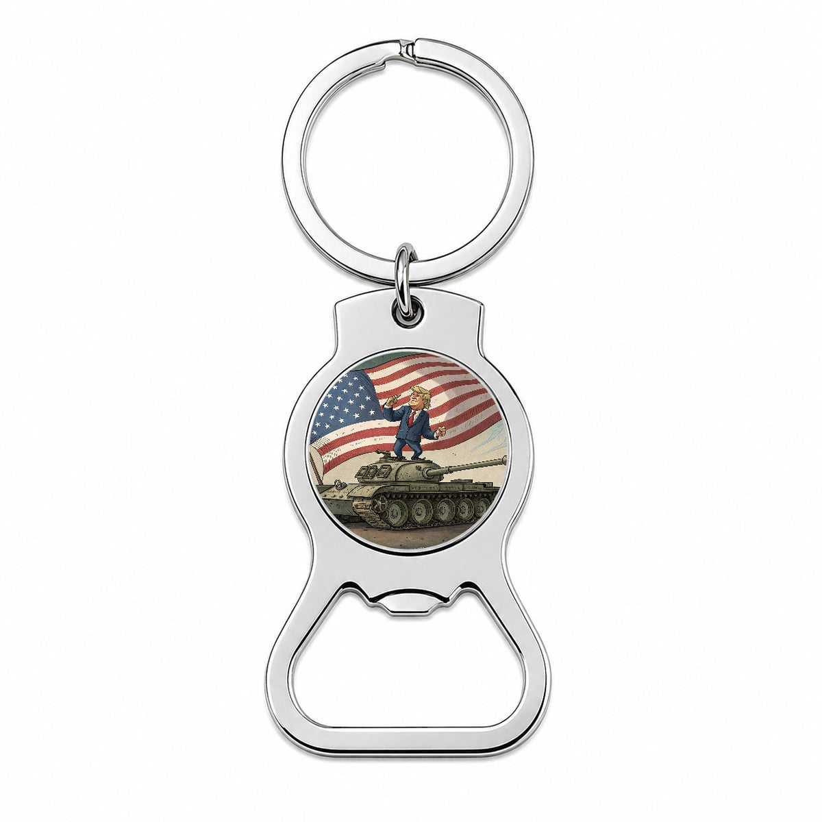 Patriotic Donald Trump Standing On Tank Funny Bottle Opener Keychain