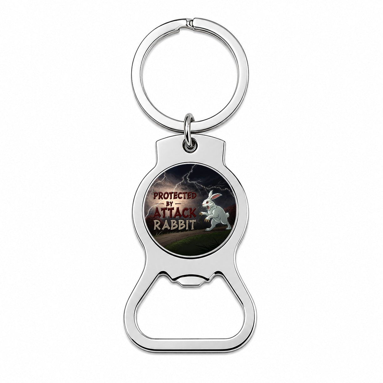 Protected By Attack Rabbit Vicious White Funny Bunny Bottle Opener Keychain