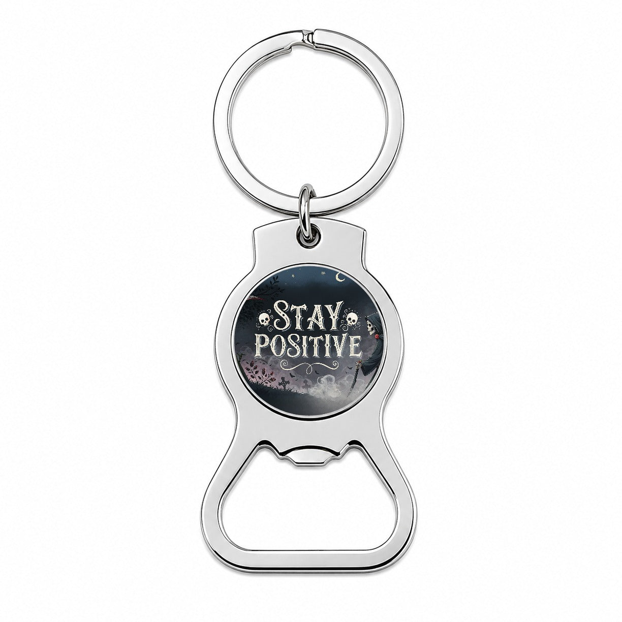 Stay Positive Funny Grim Reaper Death Cartoon Bottle Opener Keychain