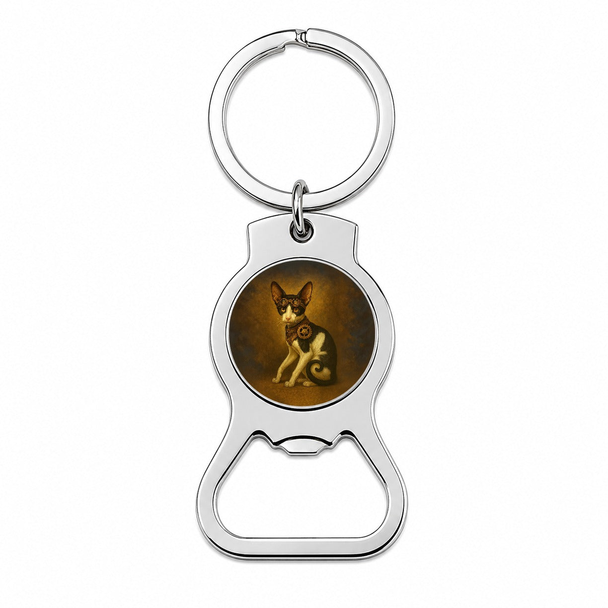 Vintage Steampunk Oriental Shorthair Cat Fantasy Painting Bottle Opener Keychain