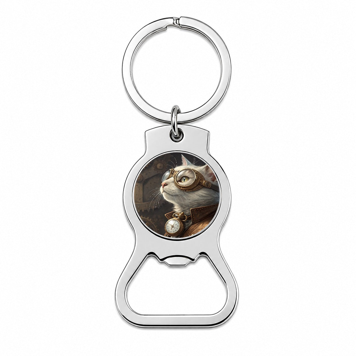 White Cat Steampunk Bottle Opener Keychain