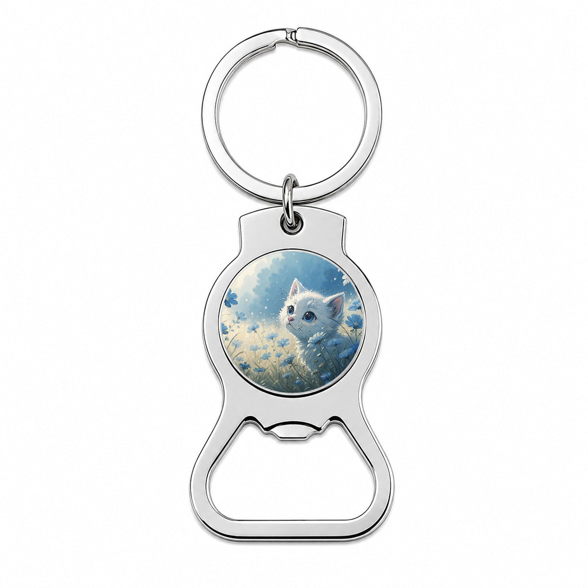 White Kitten in Field Of Blue Flowers Anime Style Bottle Opener Keychain